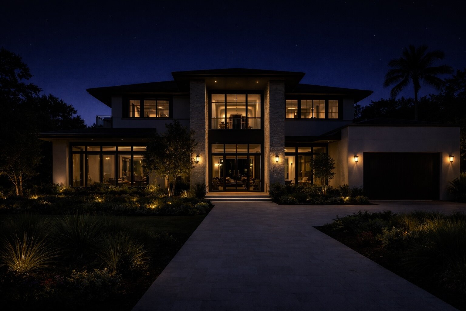 A Golden Grove managed estate in Naples, Florida, lit at dusk